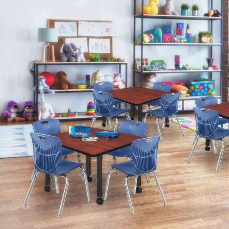 36 in. Square Height Adjustable Mobile Classroom Table - Cherry & 4 12-in Stack Chairs- Navy Blue