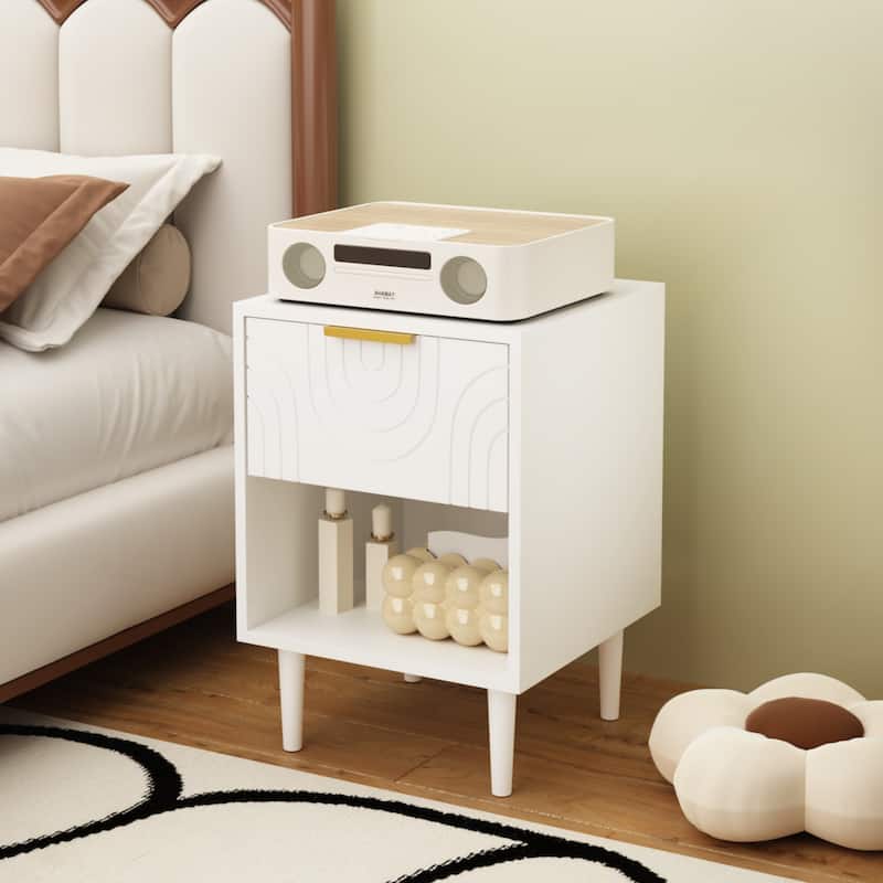 Modern White Nightstand with Spacious Drawer and Gold-Accented Handle for Elegant Bedroom Decor