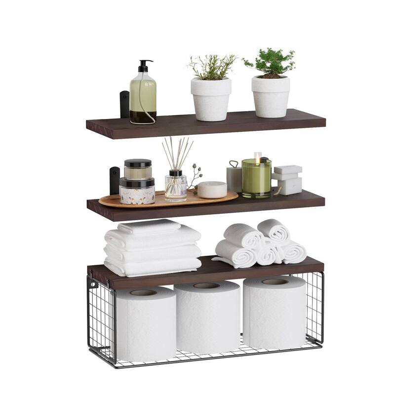 2-in-1 Wall Mounted Floating Shelf with Storage Basket - Brown