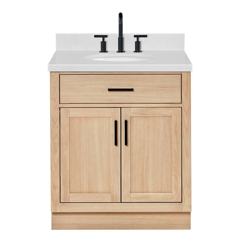 Ariel T030SCQOVO Hepburn 30" Free Standing Single Basin Vanity Set - Oak / Carrara White Quartz Top / Matte Black
