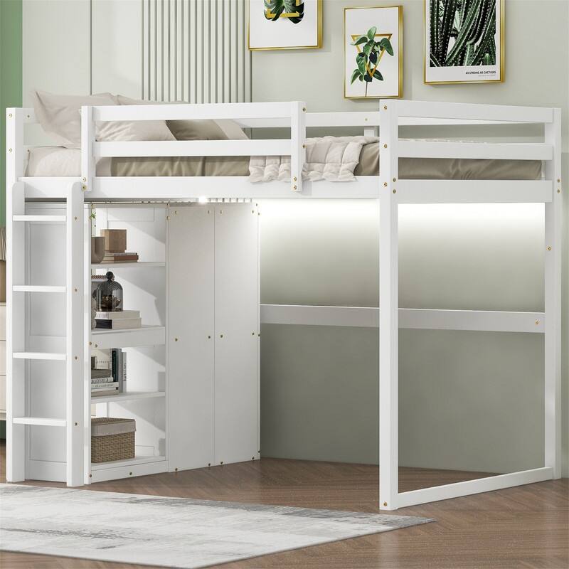Solid Wood Loft Bed with Built-in Wardrobe and 4-Tier Storage Shelves, Full Size Loft Bedframe with LED Light and Ladder - White