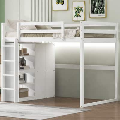 Solid Wood Loft Bed with Built-in Wardrobe and 4-Tier Storage Shelves, Full Size Loft Bedframe with LED Light and Ladder