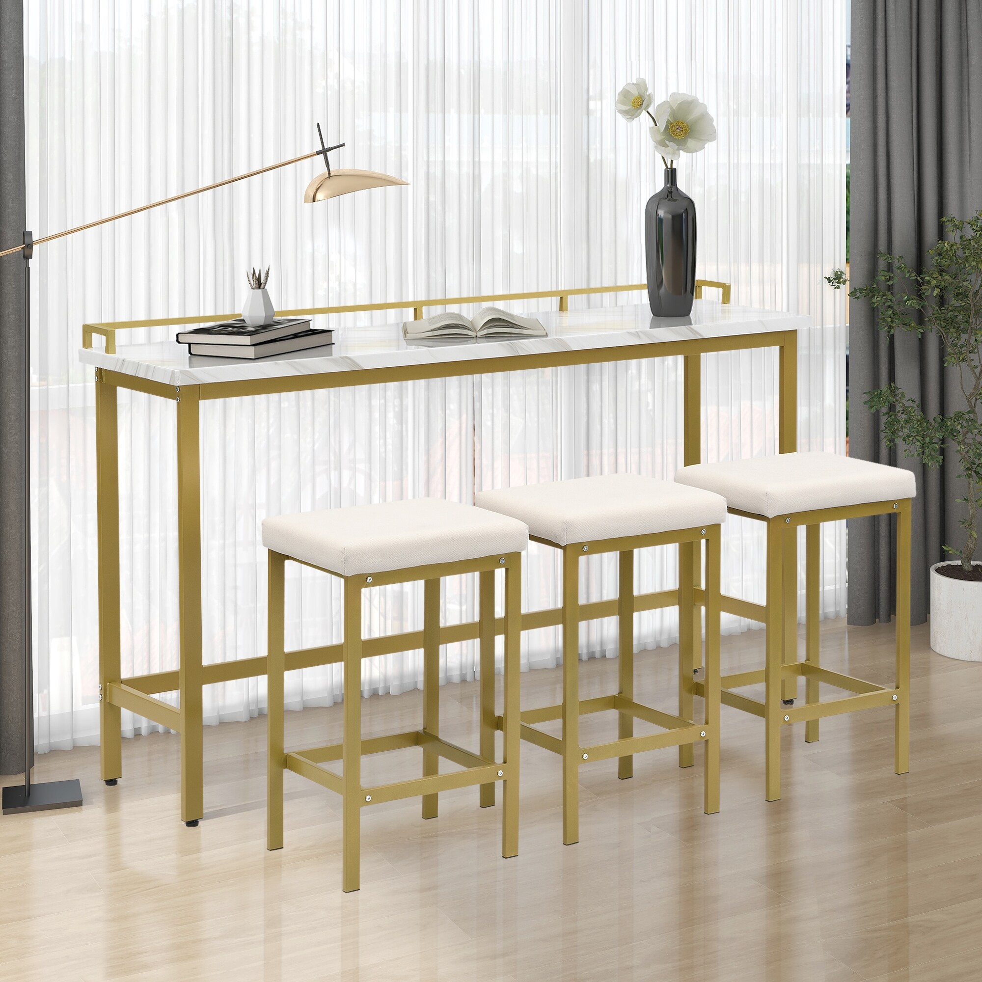4-Piece Modern Counter Height Extra Long Console Marble Dining Table Set  Bar Kitchen Set with 3 Fabric Stools - Overstock - 35757452