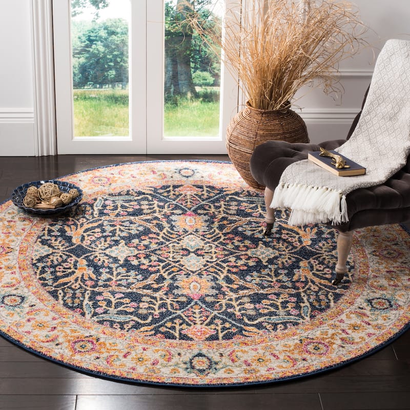 SAFAVIEH Madison Phylis Vintage Boho Oriental Rug - 5'3" x 5'3" Round - Navy/Creme - Runner/Round
