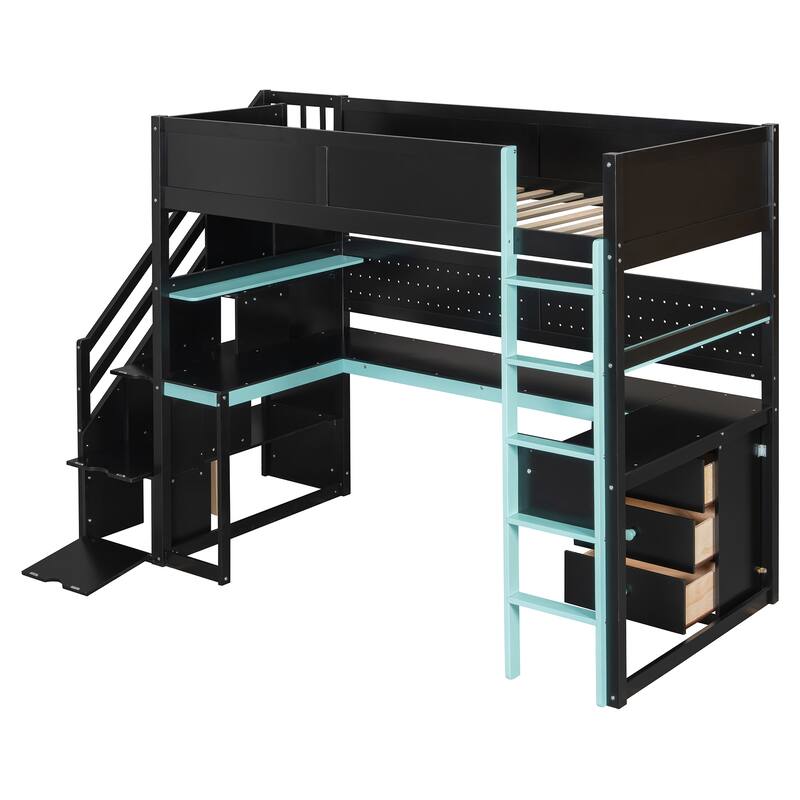 Gaming Loft Bed with Recessed Table Cabinet Pegboard Storage Stairs