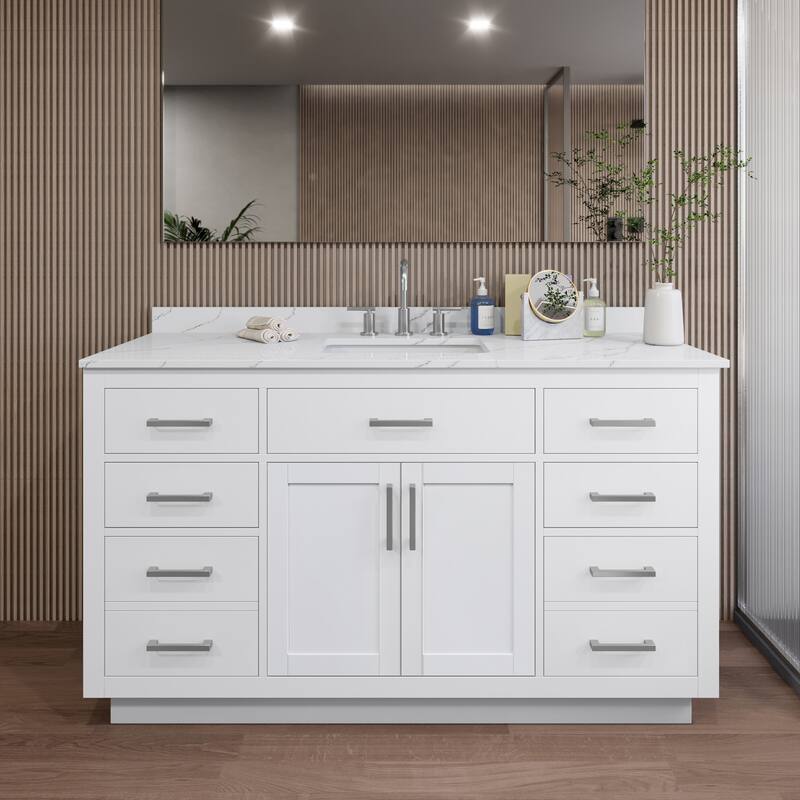 Wyndham Collection WCG262660S-QTZ-US3MXX Beckett TK 60" Free Standing - White / Giotto Quartz Top / Brushed Nickel