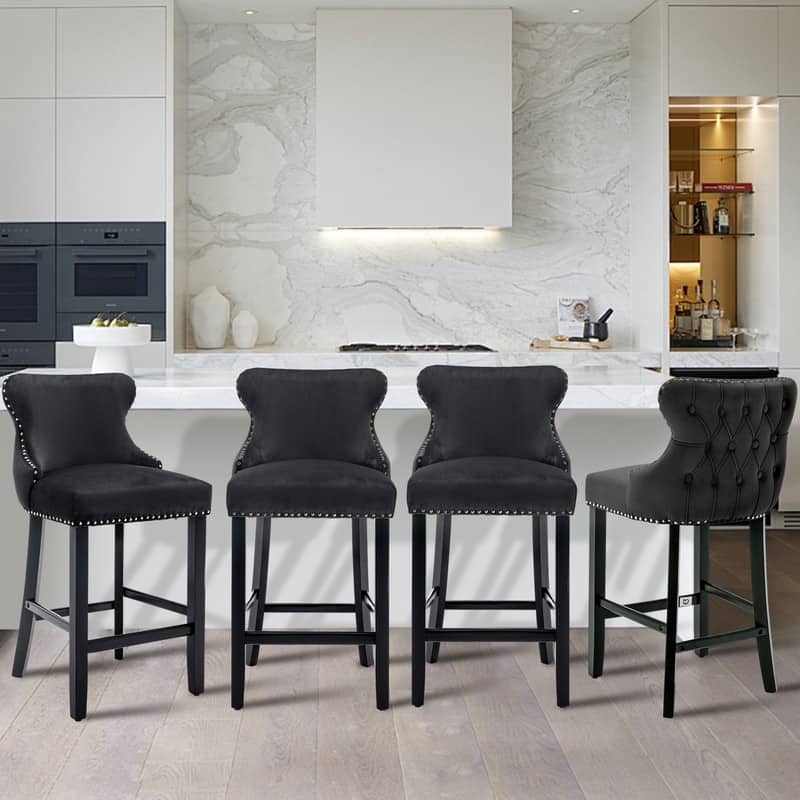 Button Tufted Velvet Wing-Back Barstools Set of 2
