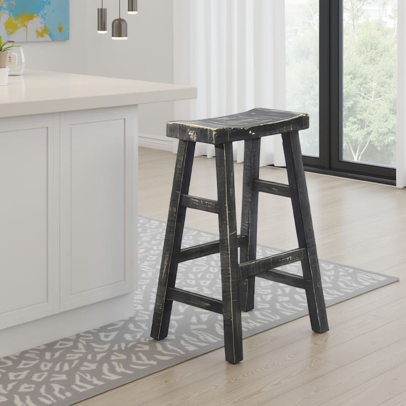 Rena Barstool Set of 2, Saddle Style Seat, Black Sand Mahogany Wood