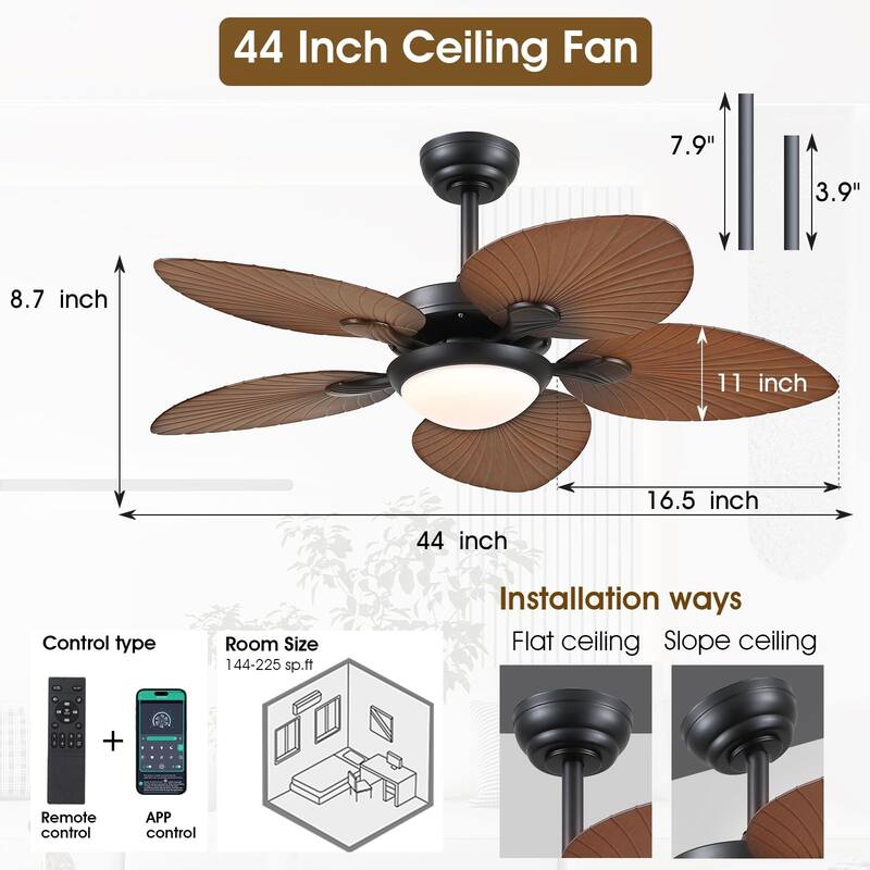 44"/52" Palm Leaf Tropical Ceiling Fan with Light,Indoor and Outdoor Ceiling Fan,Waterproof