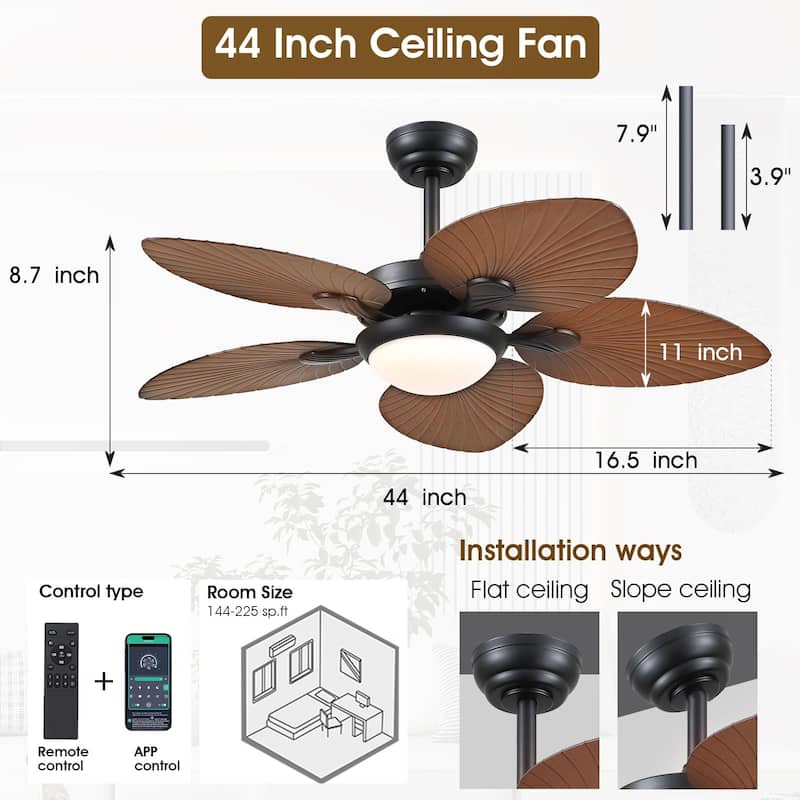 Kviflon 44" Wood GrainTropical Ceiling Fan with Light and Remote,Indoor and Outdoor Ceiling Fan,Waterproof - 44 Inches