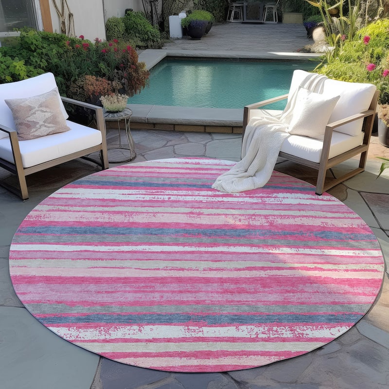 Machine Washable Indoor/ Outdoor Chantille Stripe Rug - Pink - 8' x 8'