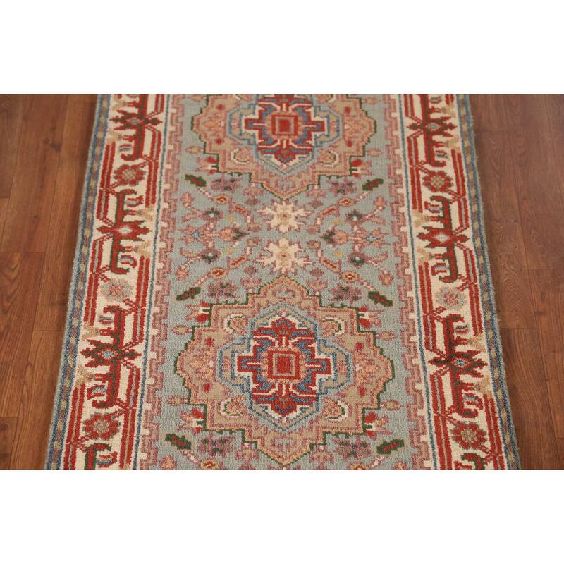 Geometric Heriz Serapi Indian Runner Rug Handmade Blue Wool Carpet - 2'7" x 10'5"