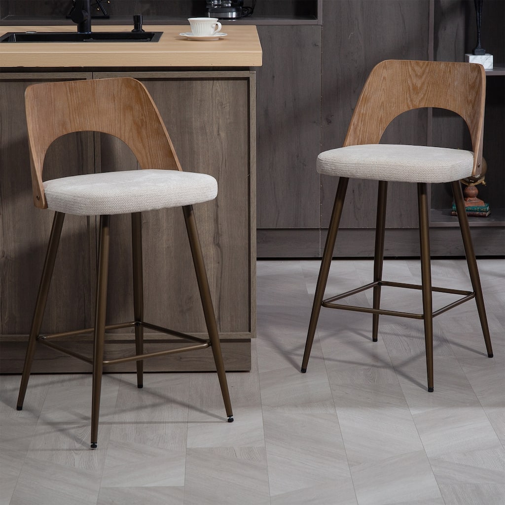 Set of 2 Bethan Beige Boucle Fabric Counter Stool with Wood Back