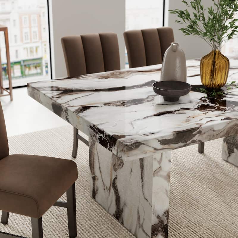 Roundhill Furniture Cavira 6-Piece Modern Faux Marble Dining Set, Double Pedestal Table with 4 Upholstered Chairs and a Bench