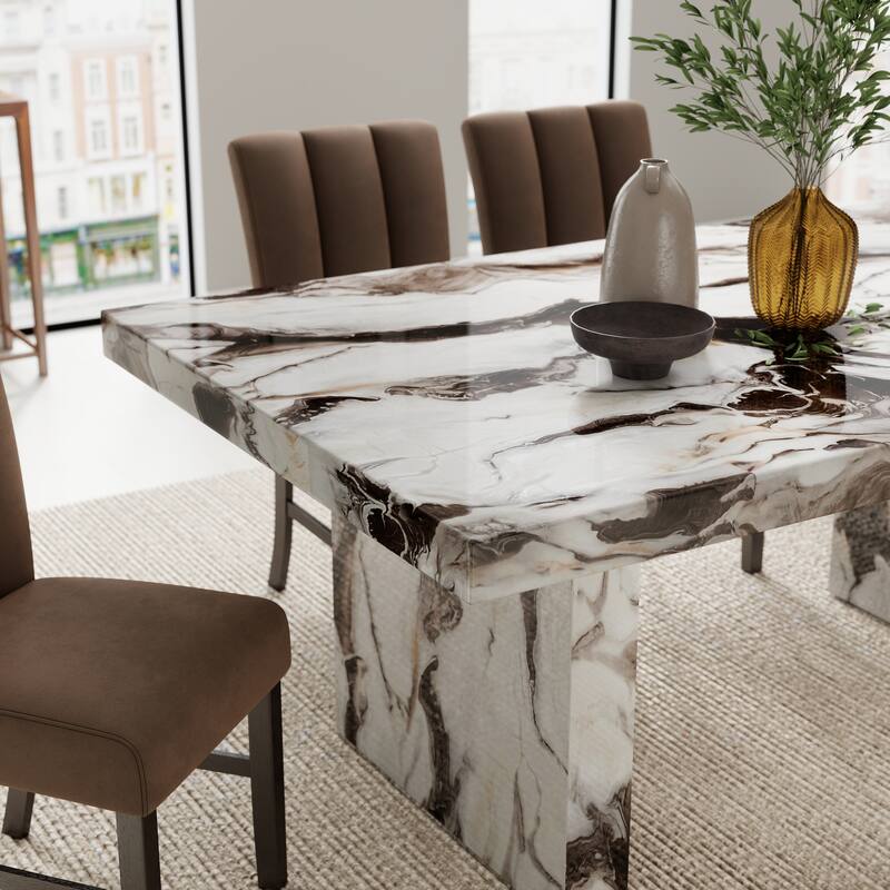 Roundhill Furniture Cavira 7-Piece Modern Faux Marble Dining Set, Double Pedestal Table with 6 Upholstered Chairs