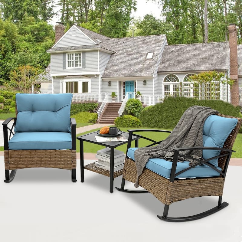 3 Pieces Patio Rocking Rattan Set, Outdoor Bistro Set with Cushions - 1 Table,2 Rocking chairs
