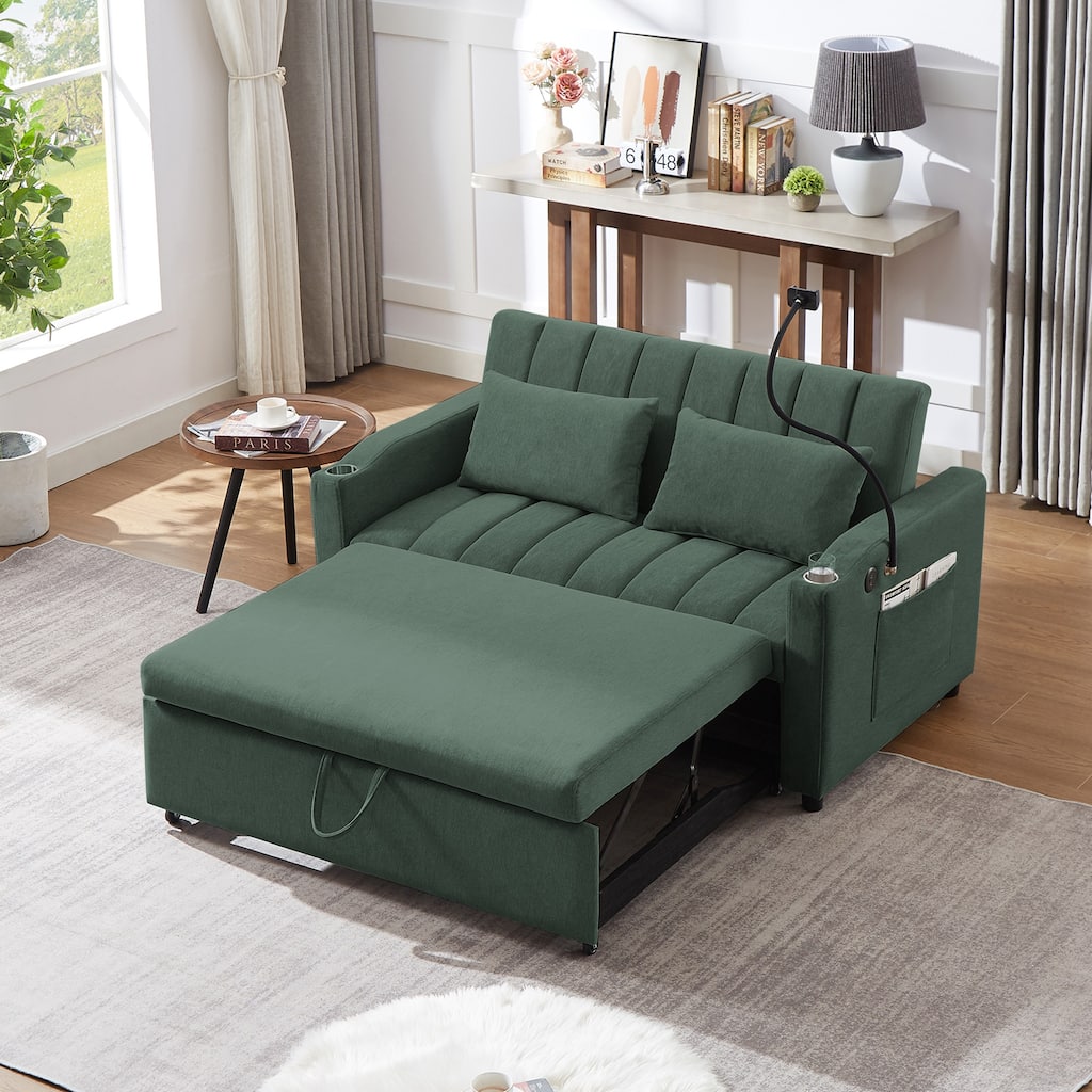 Roomfitters 55 Inch Convertible Sofa Bed Loveseat with 3 USB Ports, 360 Swivel Phone Holder, Green