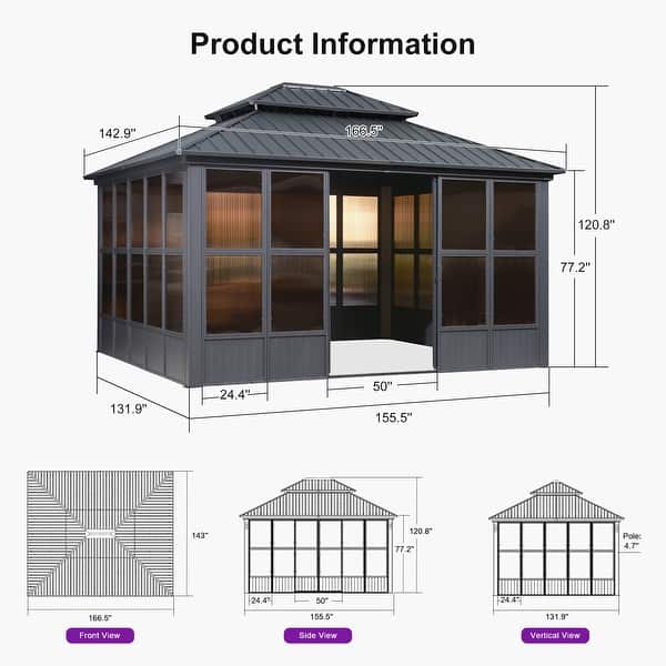 dimension image slide 5 of 9, PURPLE LEAF Double Top Outdoor Sunroom Screen House Patio Hardtop Gazebo