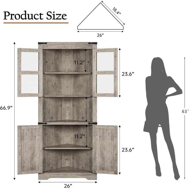 Tall Farmhouse Corner Cabinet with Glass Door & Adjustable Shelves, Space-Saving Storage for Kitchen or Bathroom