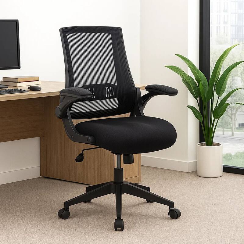 Rolling Task Chair with Flip Arms, Black Mesh, Spring Tilt Mechanism