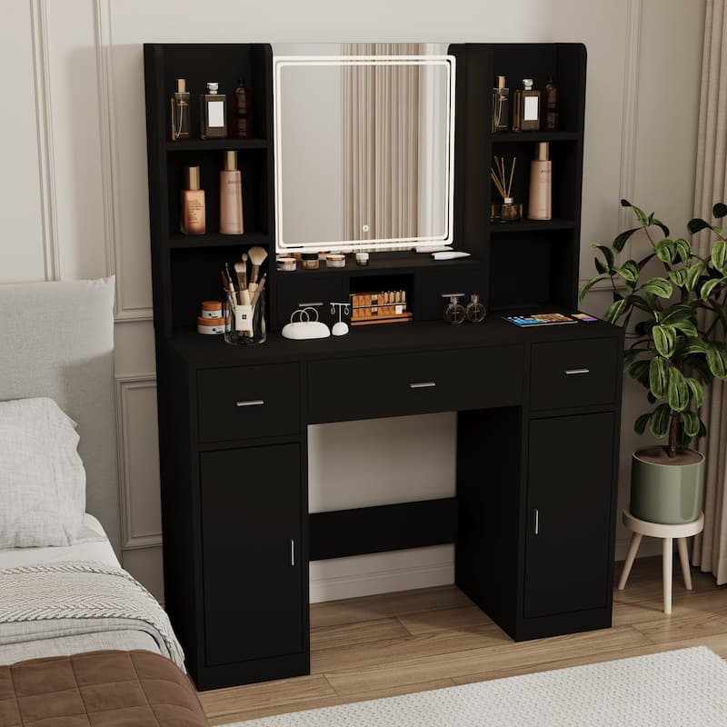5 Drawer 43.31 in. W Dresser Table with Mirror - Black