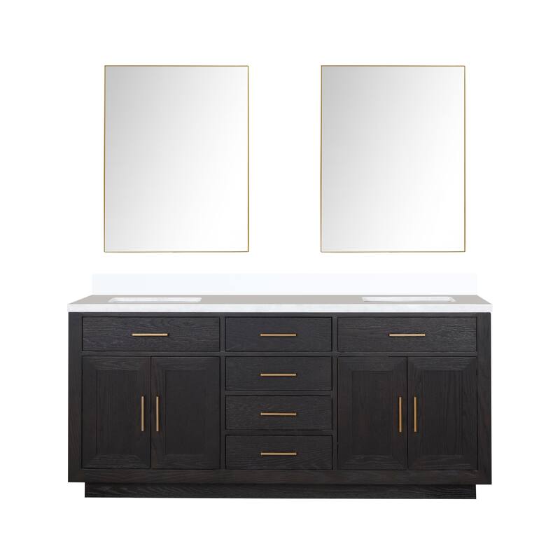 Abbey 60 in W x 22 in D Black Oak Double Bath Vanity, White Quartz Top, and 28 in Mirrors