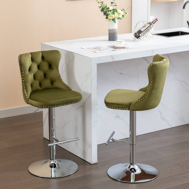 Swivel Velvet Barstools Set of 2 Adjustable Height Bar Stool with Chrome Base Modern Tufted Back Bar Stool