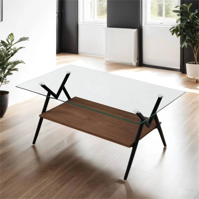 Modern Rectangle Coffee Table with Tempered Glass top and Metal Legs