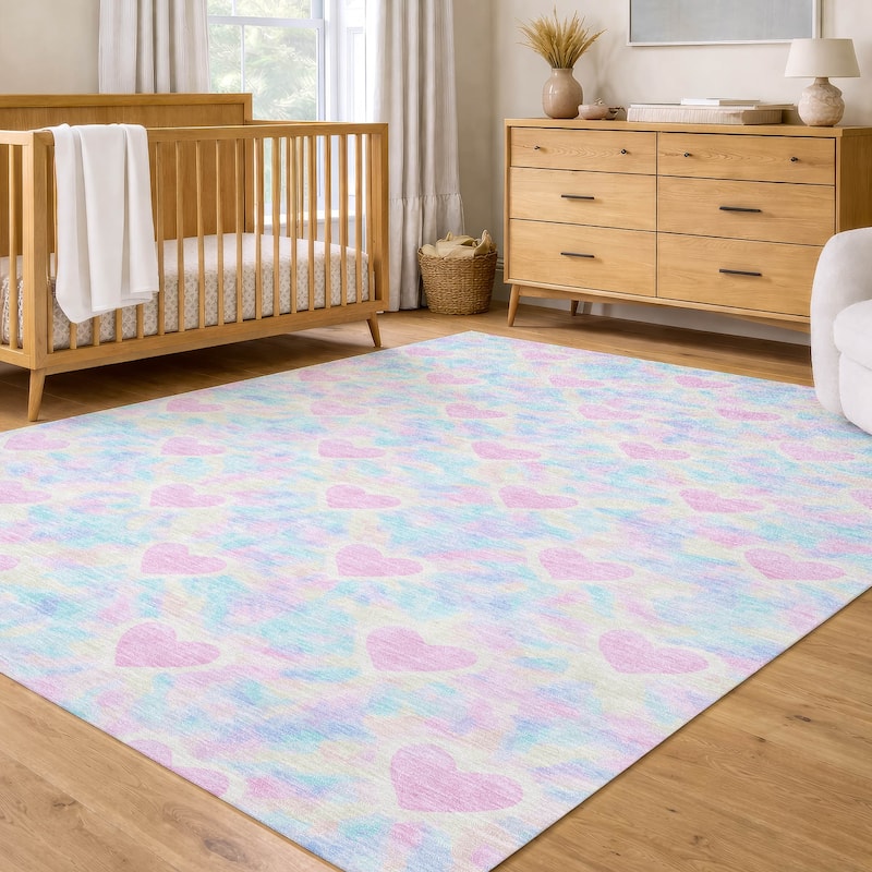 Machine Washable Indoor/ Outdoor Modern Hearts Chantille Rug