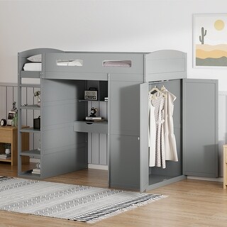 Maximized Storage Space Design Loft Bed with Guardrail, Sturdy Construction, Twin Size