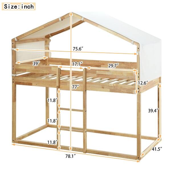 dimension image slide 0 of 3, Twin Over Twin House Bunk Bed with Tent, Solid Wood Double Bedframe