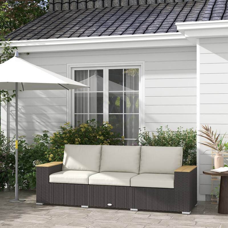 Outsunny 3-Seat Patio Sofa with Cushions, PE Rattan Outdoor Couch with Wood Grain Wide Armrests for Porch - Brown