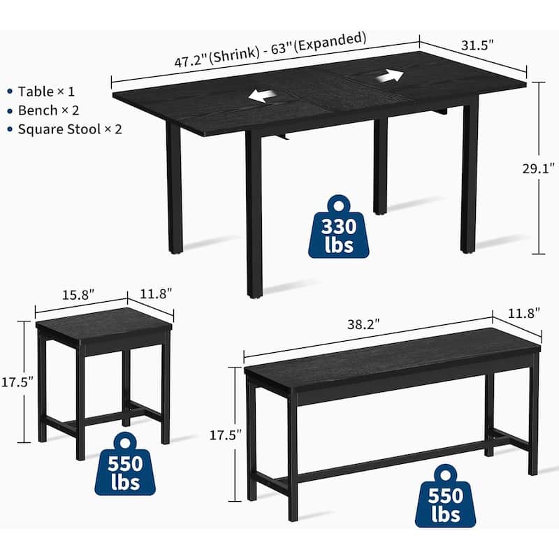 47.2" Large Extendable Kitchen Table Set, with 2 Benches and 2 Square Stools