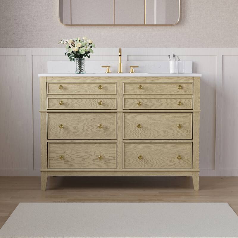 35''H Solid Wood Bathroom Vanity with Carrera White Quartz Top,Drawers And Single Sink - 48''Wx35''H