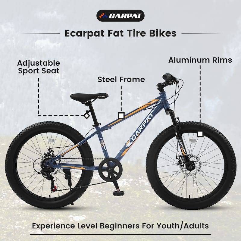 Fat Tire Mountain Bike - Shimano 7 Speeds, Dual Disc Brake, High-Carbon Steel Frame, Front Suspension, Adult/Youth - 24