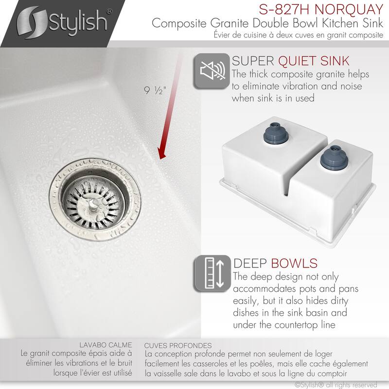 STYLISH 27 inches L x 18 inches W Double Bowl 60/40 Dual Mount Composite Granite Kitchen Sink - 27" x 18" x 9.5"