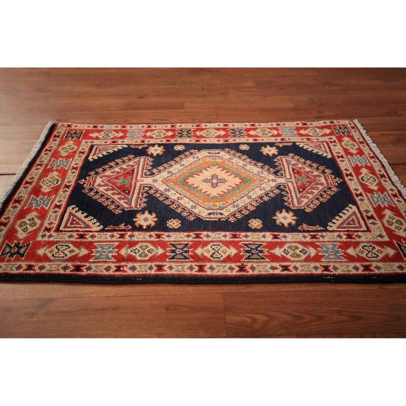 Dark Navy Blue Kazak Oriental Foyer Rug Hand-Knotted Wool Carpet - 2'0" x 3'0"