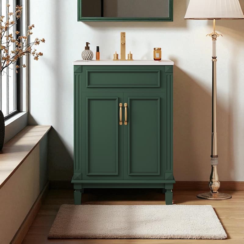 24'' Bathroom Vanity with Sink, Solid Wood Frame, Modern Storage Cabinet with 2 Soft-Close Doors & Shelf - Green
