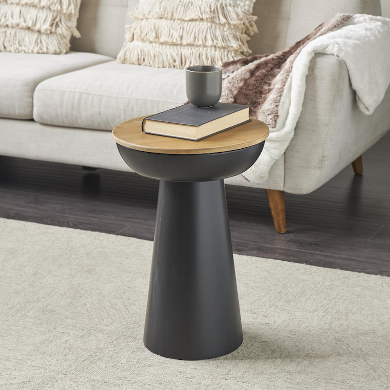 Metal Handmade Pedestal Accent Table with Brown Wood Tabletop - Black - Roche River Decor