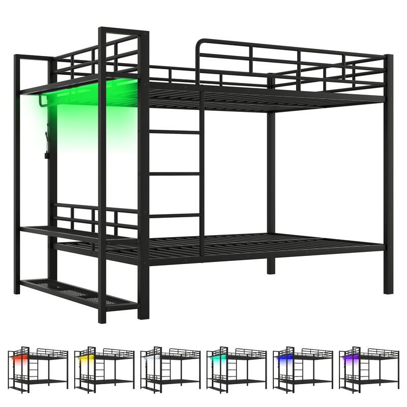Full Over Full Size Bunk Bed with LED Light and Clothes Hanger, Metal Bunk Bedframe w/ Storage Mesh Shelves, Ladder & Guardrail