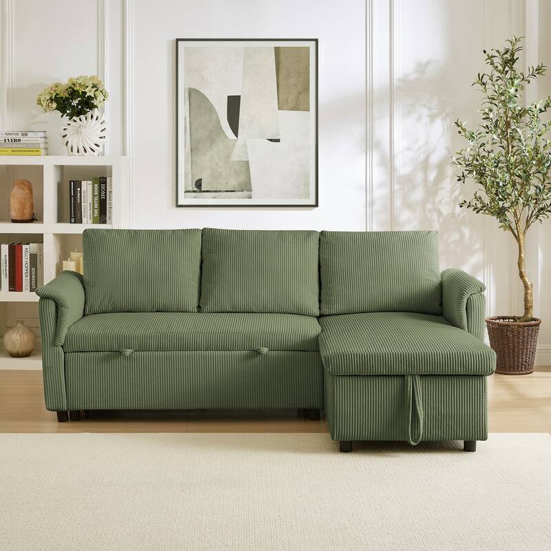 Corduroy L-Shape Sofa Convertible Sofa with Pull Out Sleep Bed