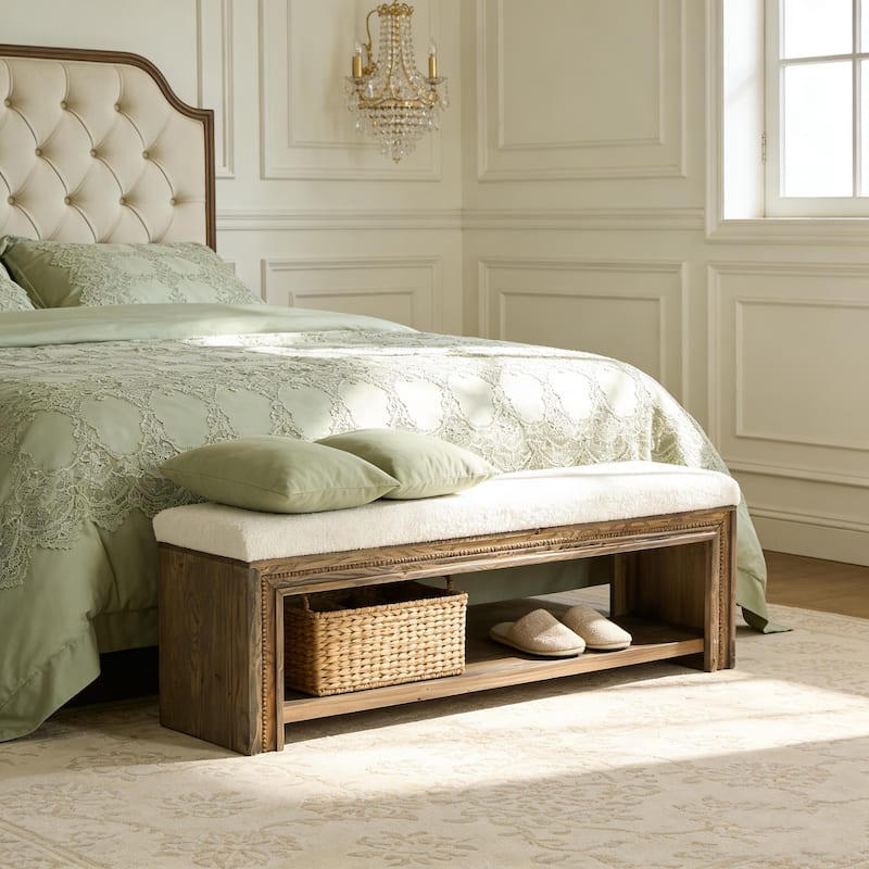55.12" Wooden Upholstered Bed Bench with Storage, Rustic Wood End Of Bed Bench with Teddy Fleece Cushion for Bedroom