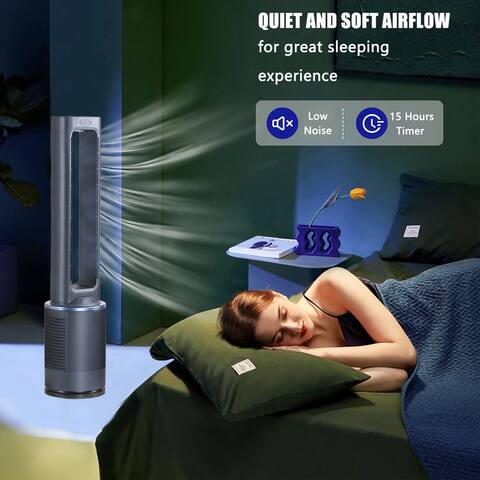 42 in. Blue Portable Bladeless Tower Fan with 12 Speeds,15 Hours Timer and Remote Control