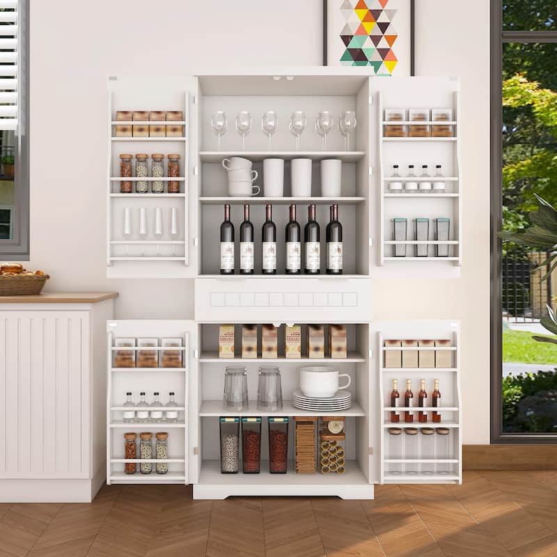 71" Farmhouse Pantry Cabinet - Adjustable Shelves & Drawer - White