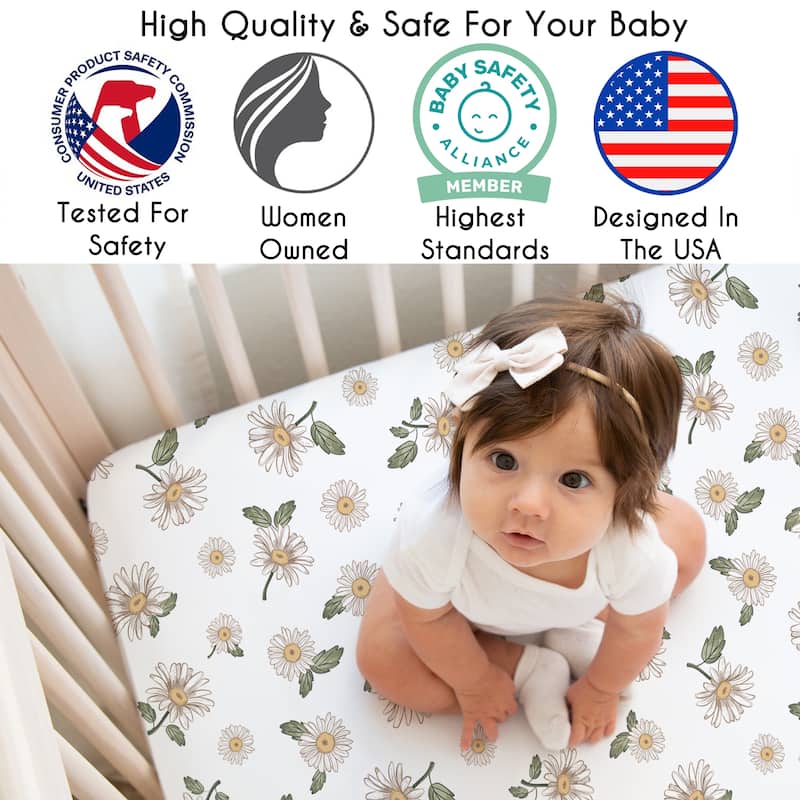 Sweet Jojo Designs Vintage Daisy Floral Girl Fitted Crib Sheet - Boho, White Daisies, Bohemian, Shabby Chic, Flower, Farmhouse