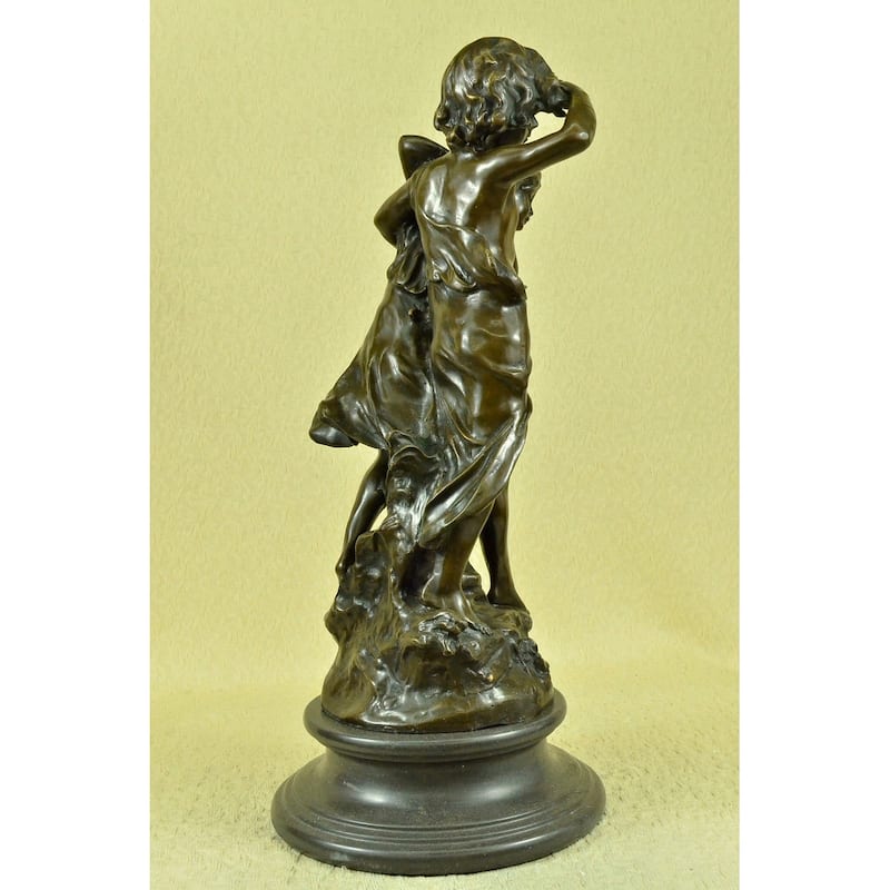 Signed Original Boy And Girl Walking Outdoor Bronze Sculpture Marble Base Statue
