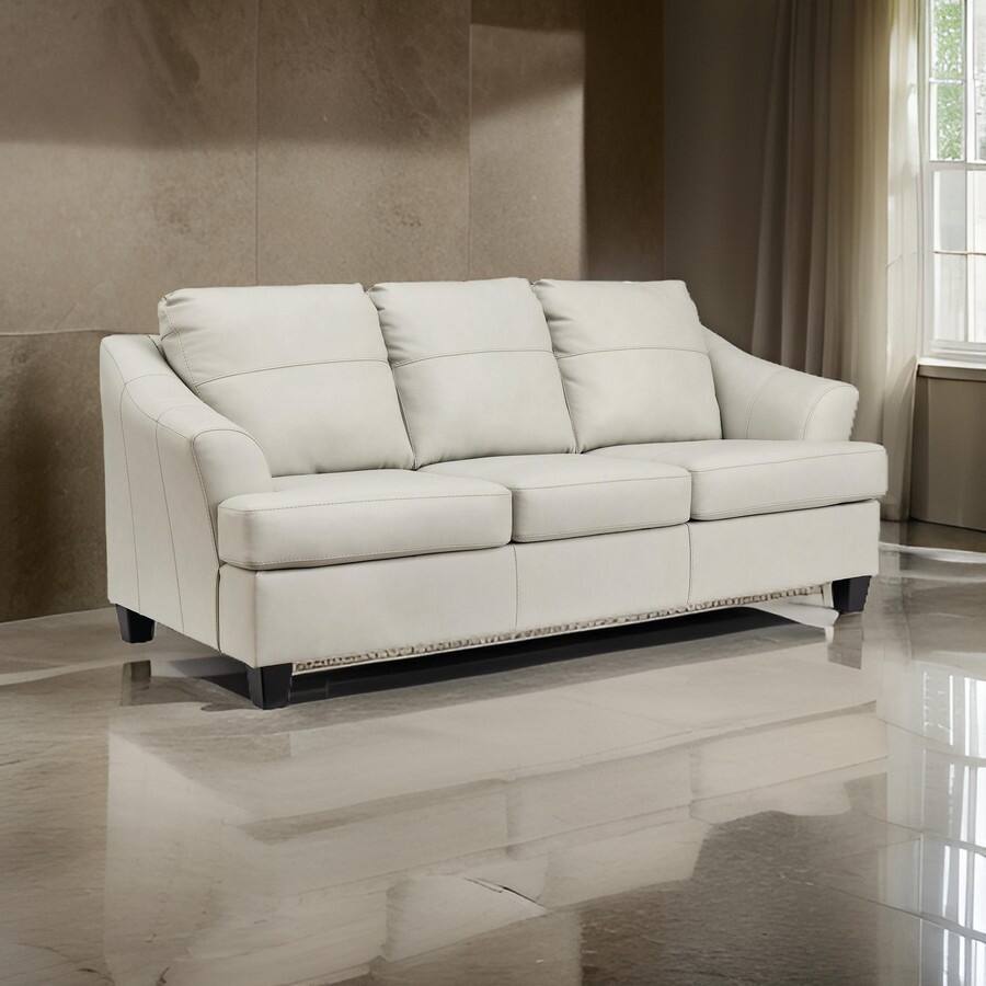 Geno 88 Inch Sofa, Oversized Back Cushion, Off White Real Leather