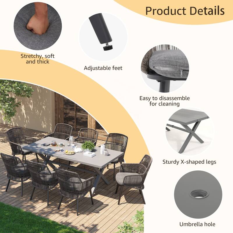Outdoor Patio Dining Sets with PE Wicker Chairs and X-leg Aluminum Dining Table for 8 Persons