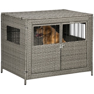 View of PawHut Rattan Dog Crate with Double Doors, Wicker Dog Cage with Soft ...