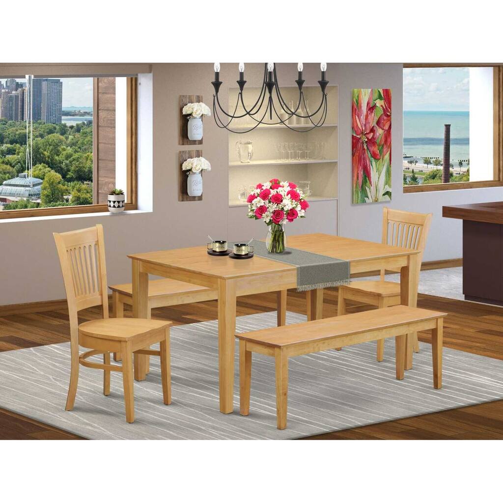 HomeStock 5-Piece Rectangle Natural Oak Finish Solid Wood Top Dining Table with 2 Benches, 2 Chairs with Lattice Back